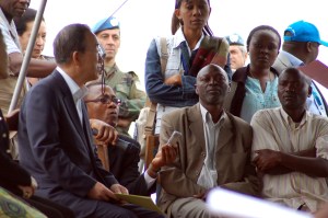 UN Secretary General Ban Ki Moon meets with skeptical Congolese refugees.