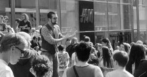 A 'no' campaigner makes his case on Buchanan Street in downtown Glasgow the day before the Scottish referendum.