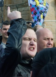A 'no' supporter reacts to independence supporters in George Square, Glasgow on referendum day.