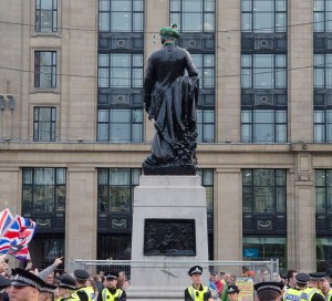 A statue of the Scottish poet Robbie Burns in George Square. In what has become a Glasgow tradition, the statue sports new attire the day following the referendum.