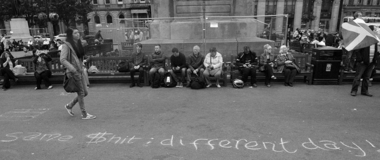 Chalk messages reflecting the disappointment of the 'yes' campaign adorn George Square, Glasgow the morning following the referendum.