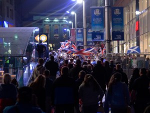 Unionists celebrate in downtown Glasgow the night after the referendum.