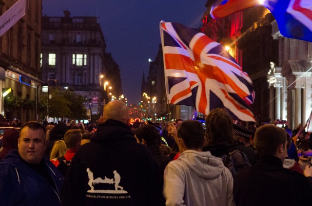 Unionists march through Glasgow the night after Scotland's referendum.